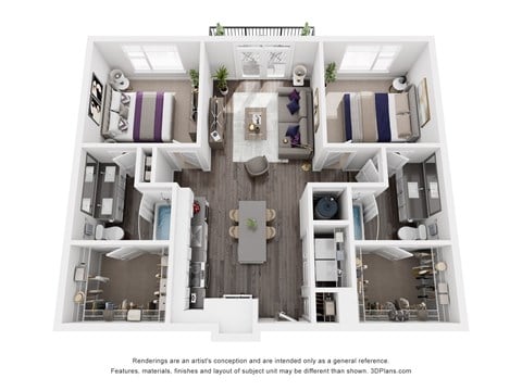 Floor plan for 2 beds, 2 baths, 1047 sqft